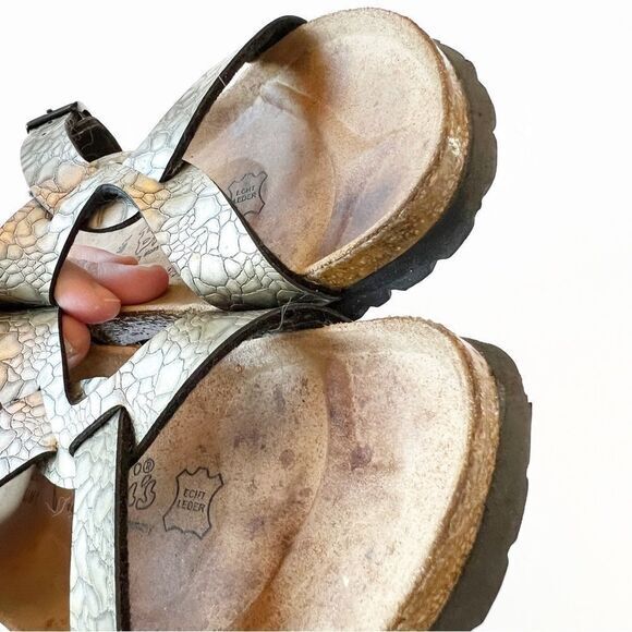 Birkis Metallic Embossed Double Strap Sandals Size 37 EU Cork‎ Sole Comfort Foot - Picture 6 of 16